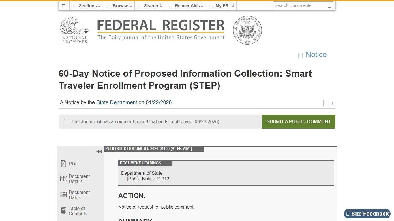 Federal Register :: 60-Day Notice of Proposed Information Collection: Smart Traveler Enrollment Program (STEP)